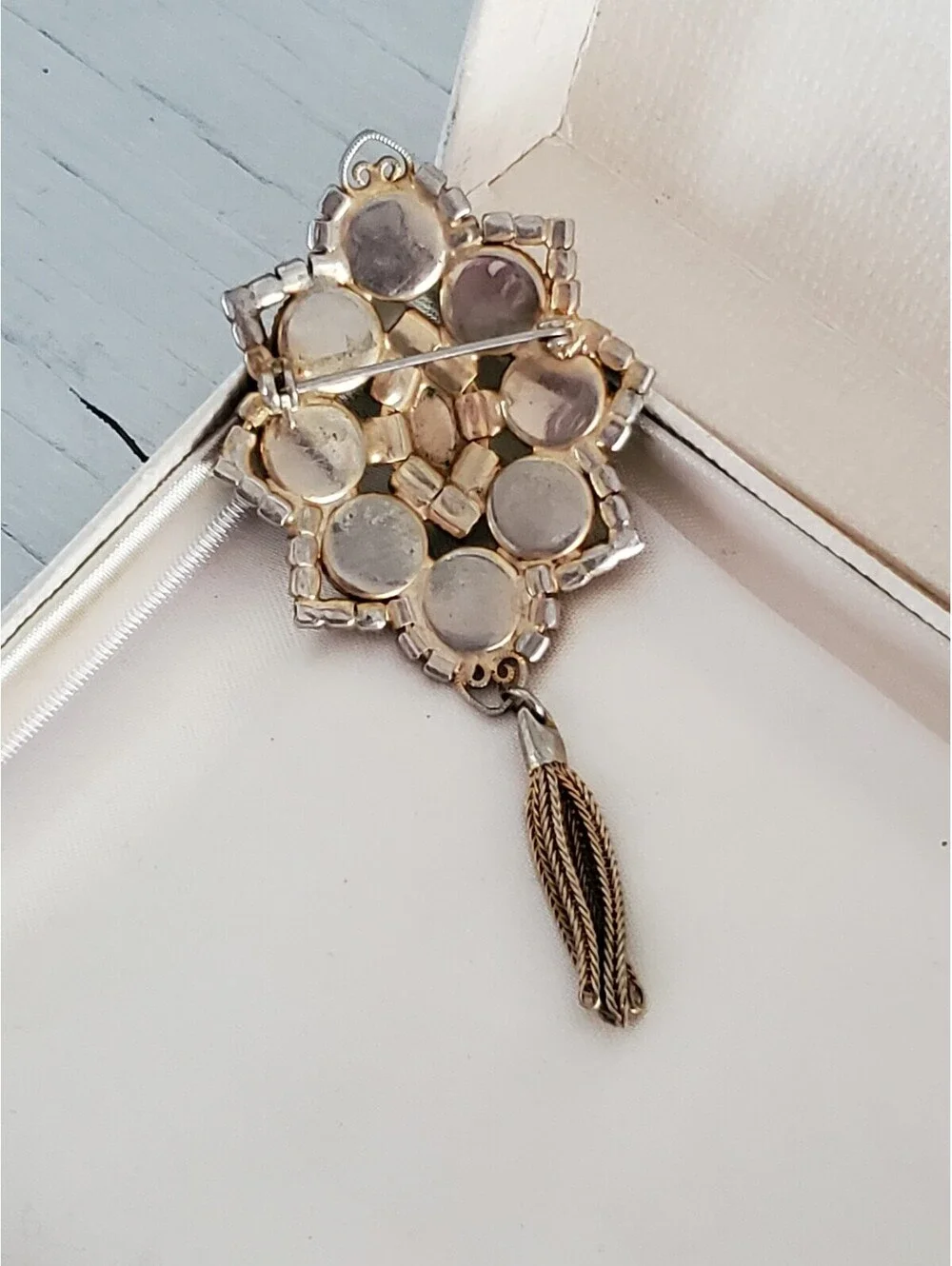 Vintage Green Cabochons Purple Rhinestone Mesh Dangle Brooch
